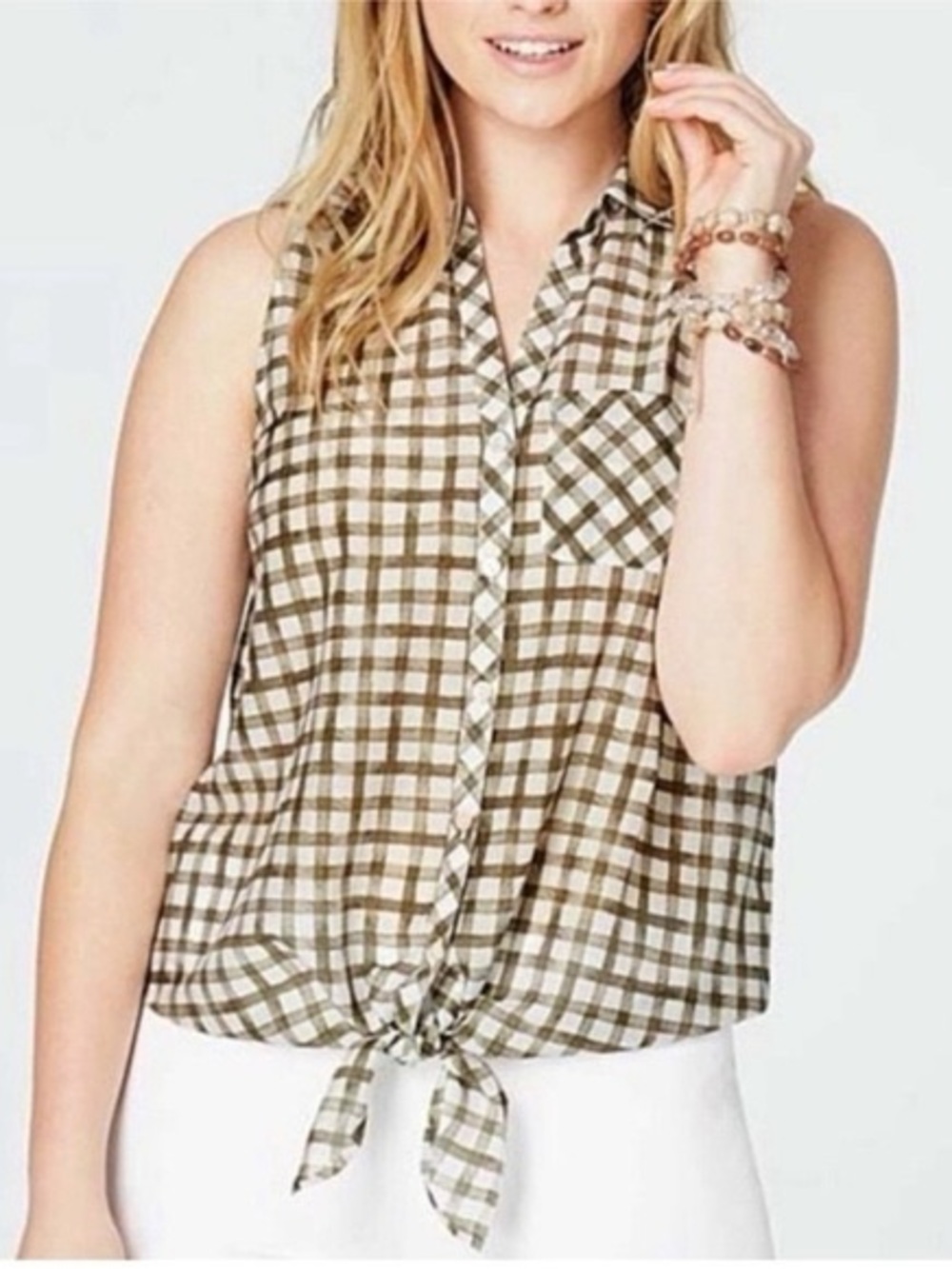 J. Jill Olive & White Gingham Tie-Front Silk Blend Sleeveless Camisole Top